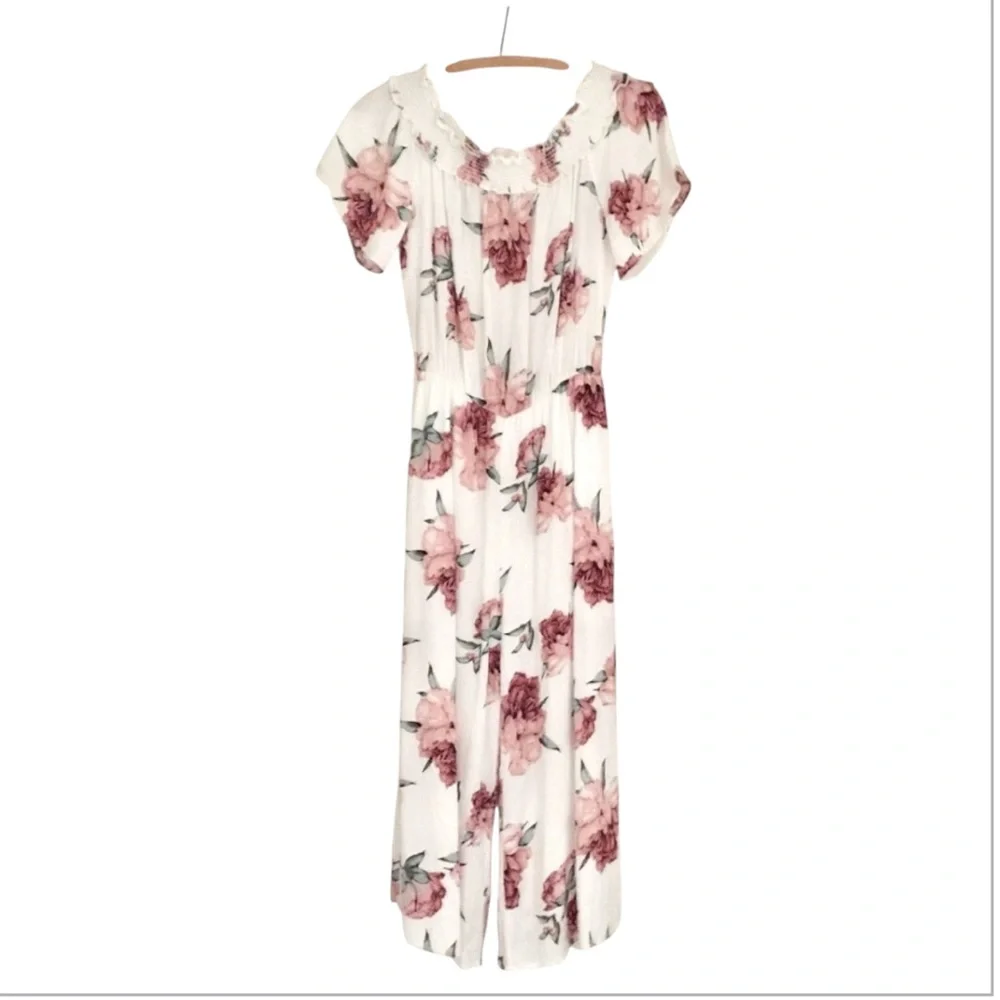 Everly Anthropologie Flowy Pink Floral Off Shoulder Wide Leg Cropped Jumpsuit M